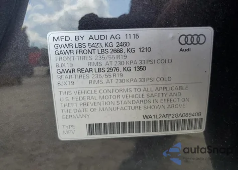 2016 Audi Q5 Premium Plus from USA, damaged, VIN WA1L2AFP2GA089408